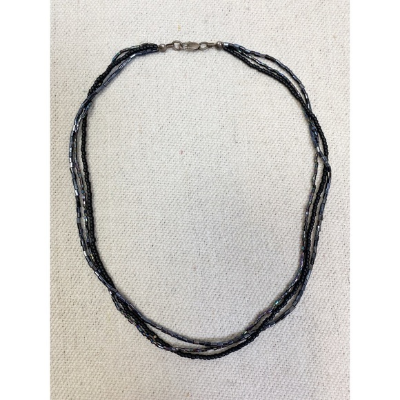 Triple strand black rainbow iridescent and matte bead necklace sterling clasp - Picture 4 of 6